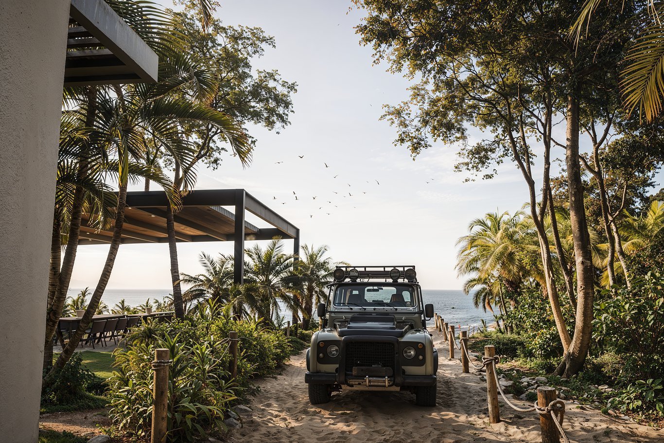 Off-roader on a sandy path through tropical garden