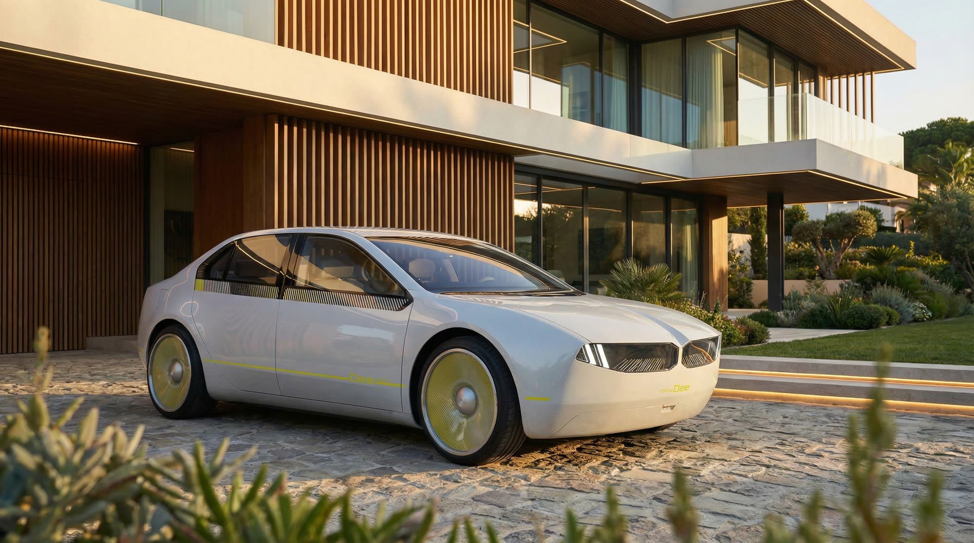White concept saloon in front of a timber-clad house