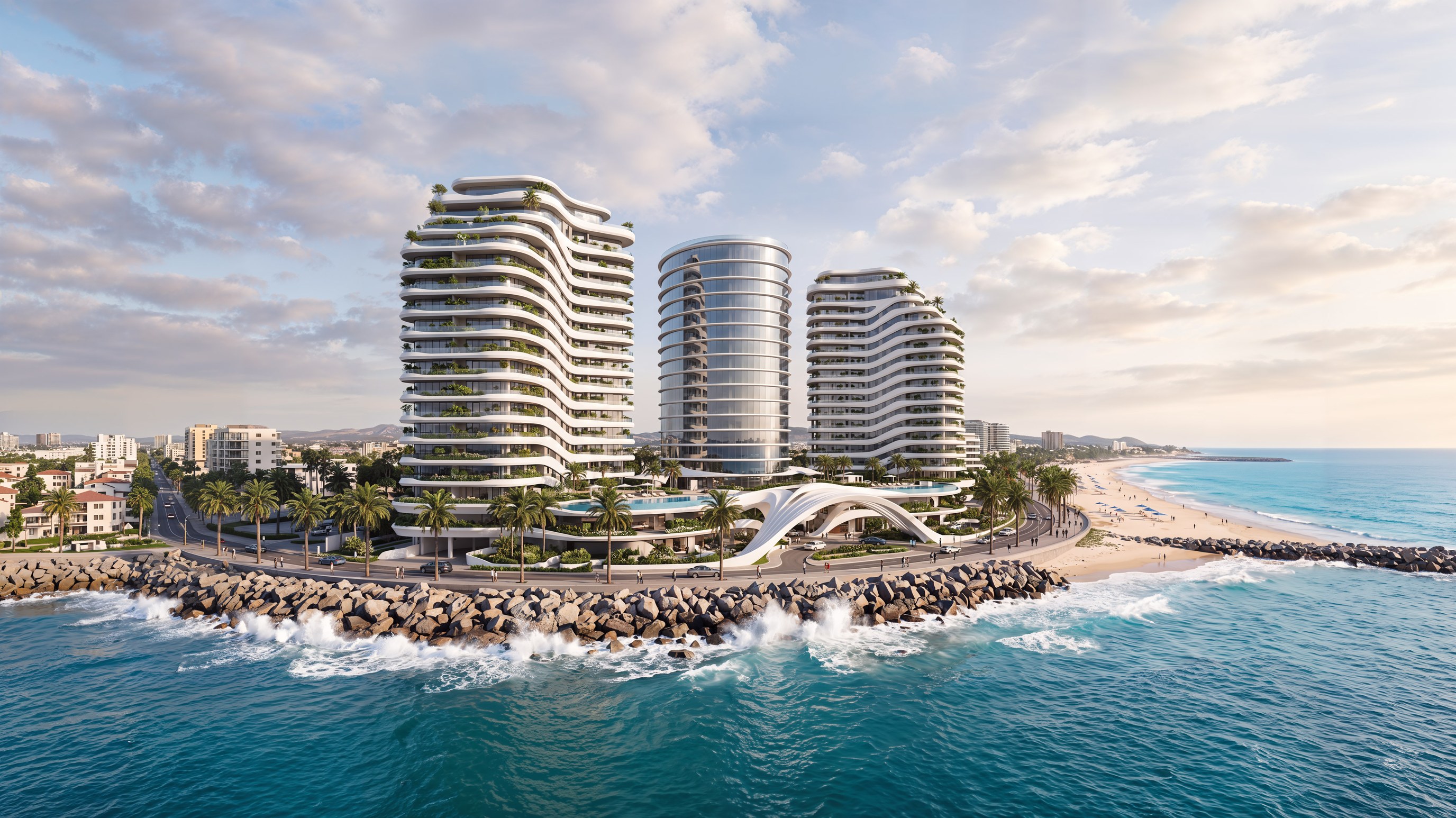 Final render: three curved towers on a breakwater