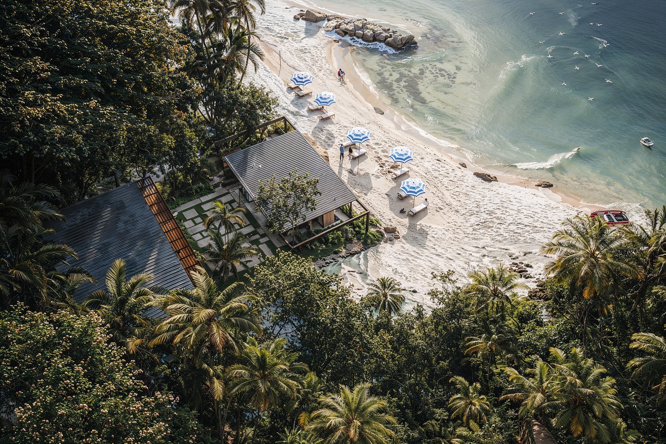 Aerial view of the house among palms beside a beach