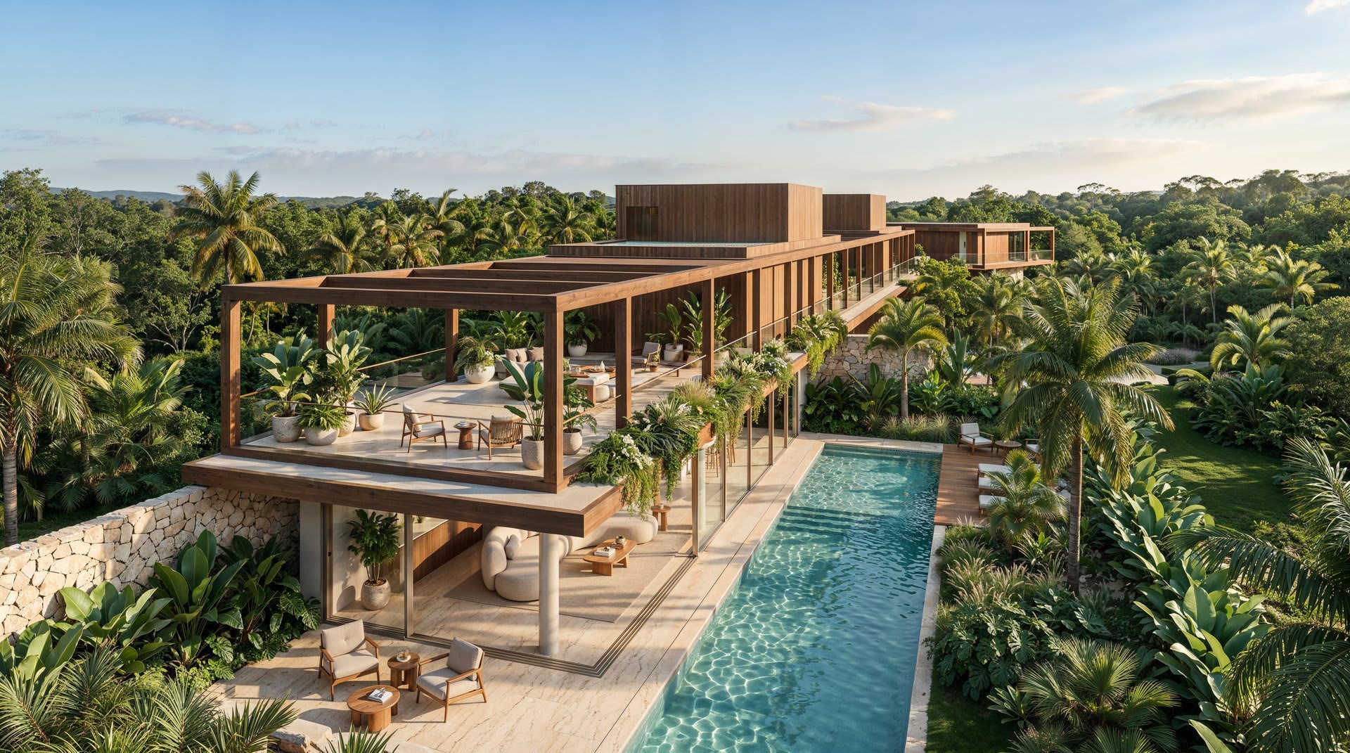 Timber pergola house with a long pool set in tropical forest