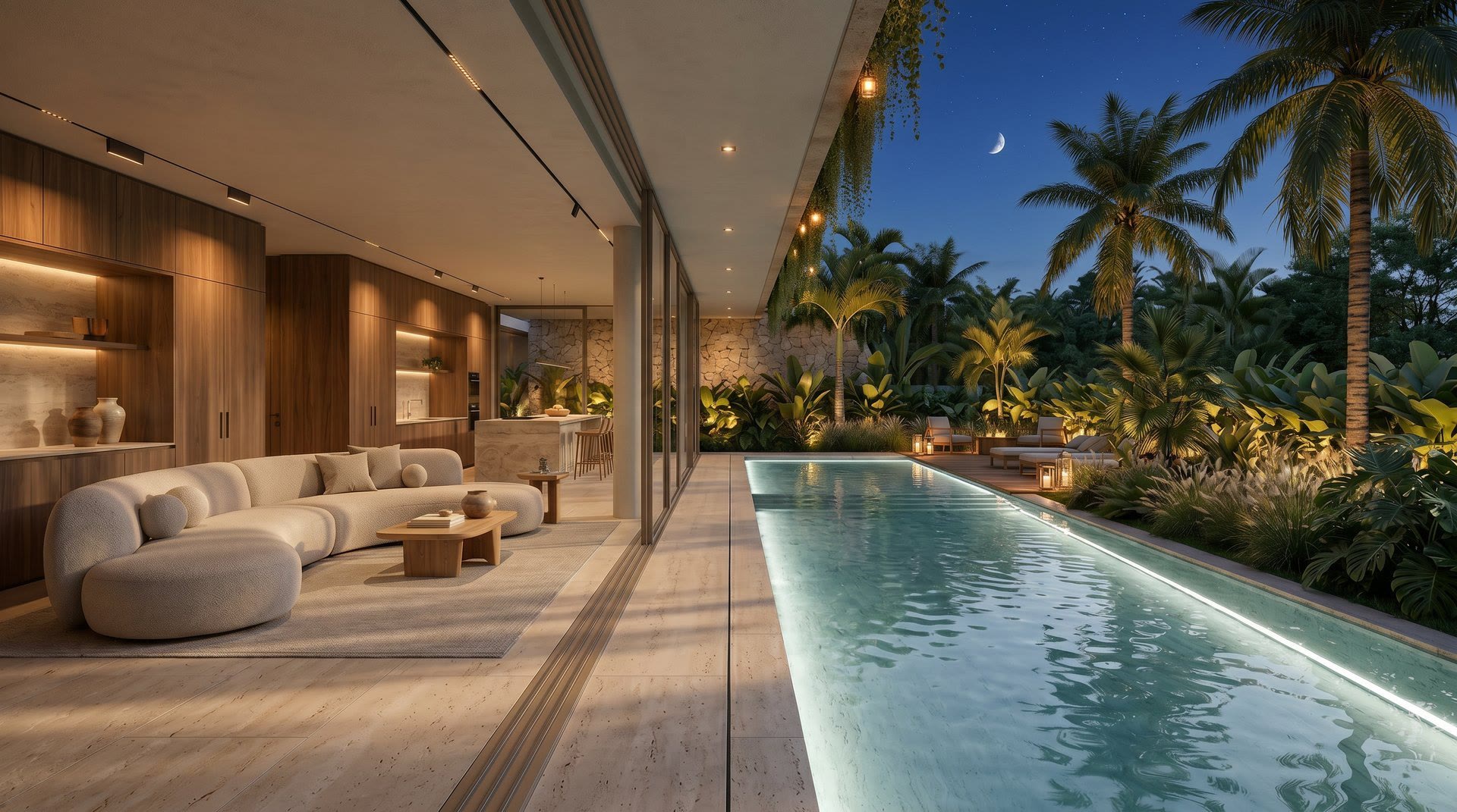 The same living room at night