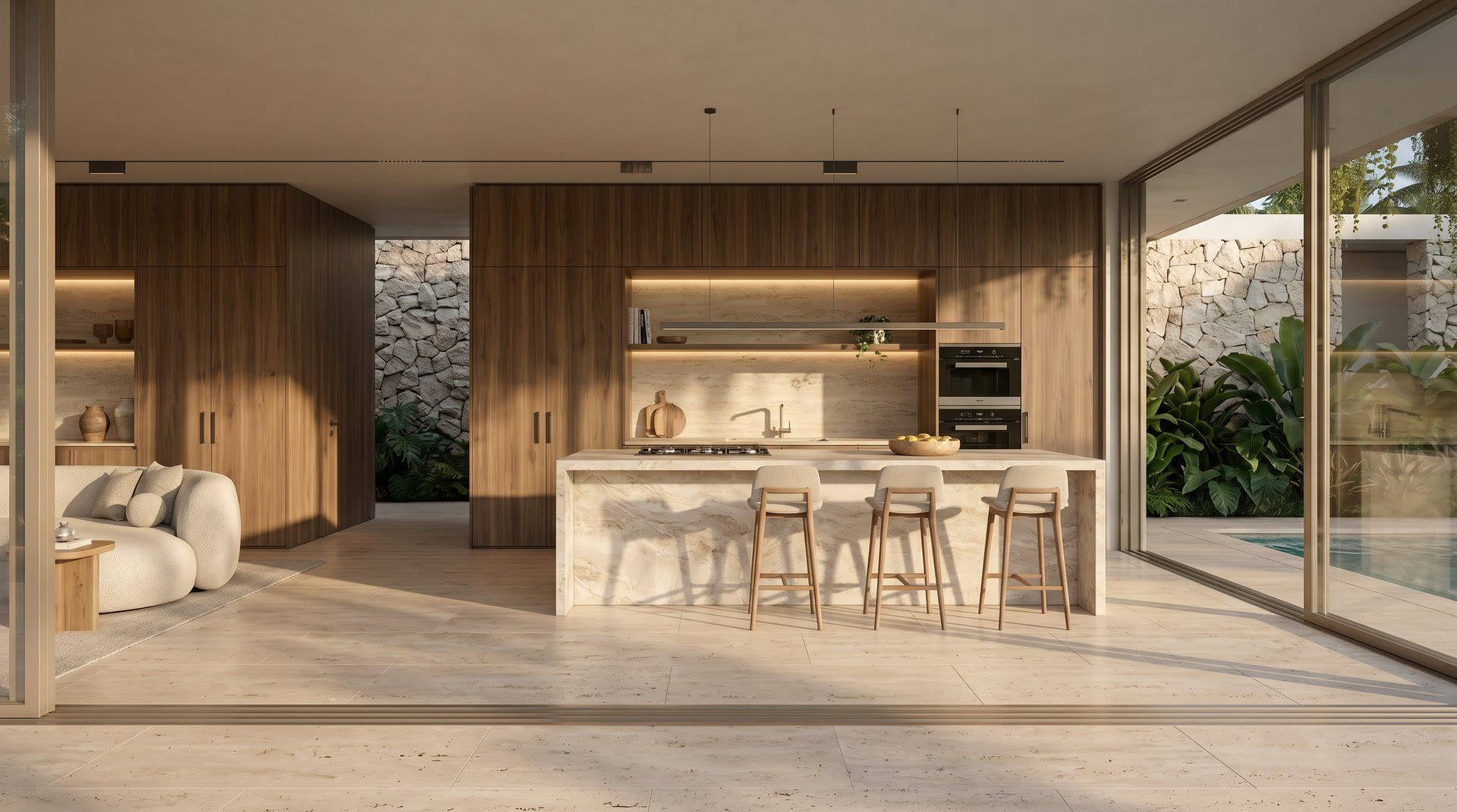 Kitchen in timber and stone