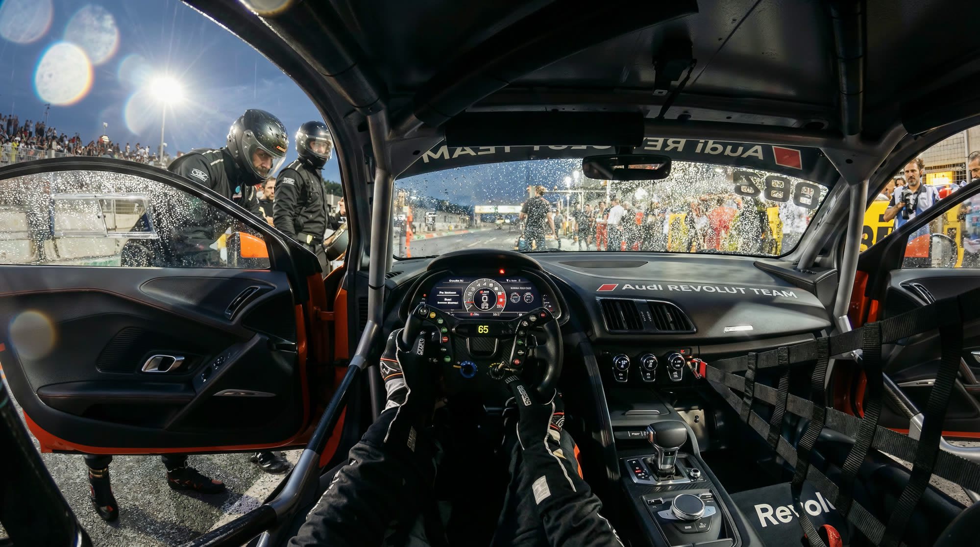 Driver's view from a race car cockpit in the pit lane