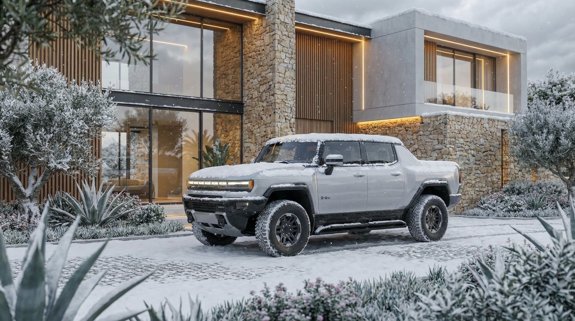 Electric pickup covered in frost outside a stone house