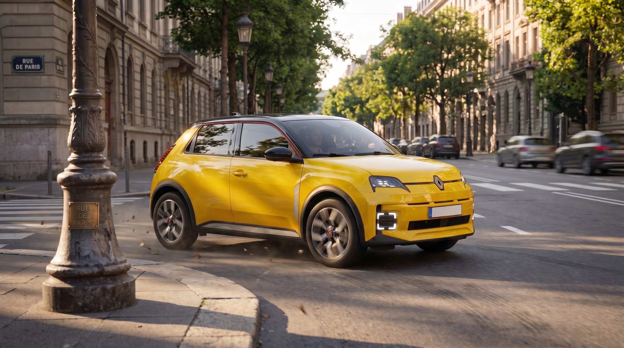 Yellow hatchback on a Paris street