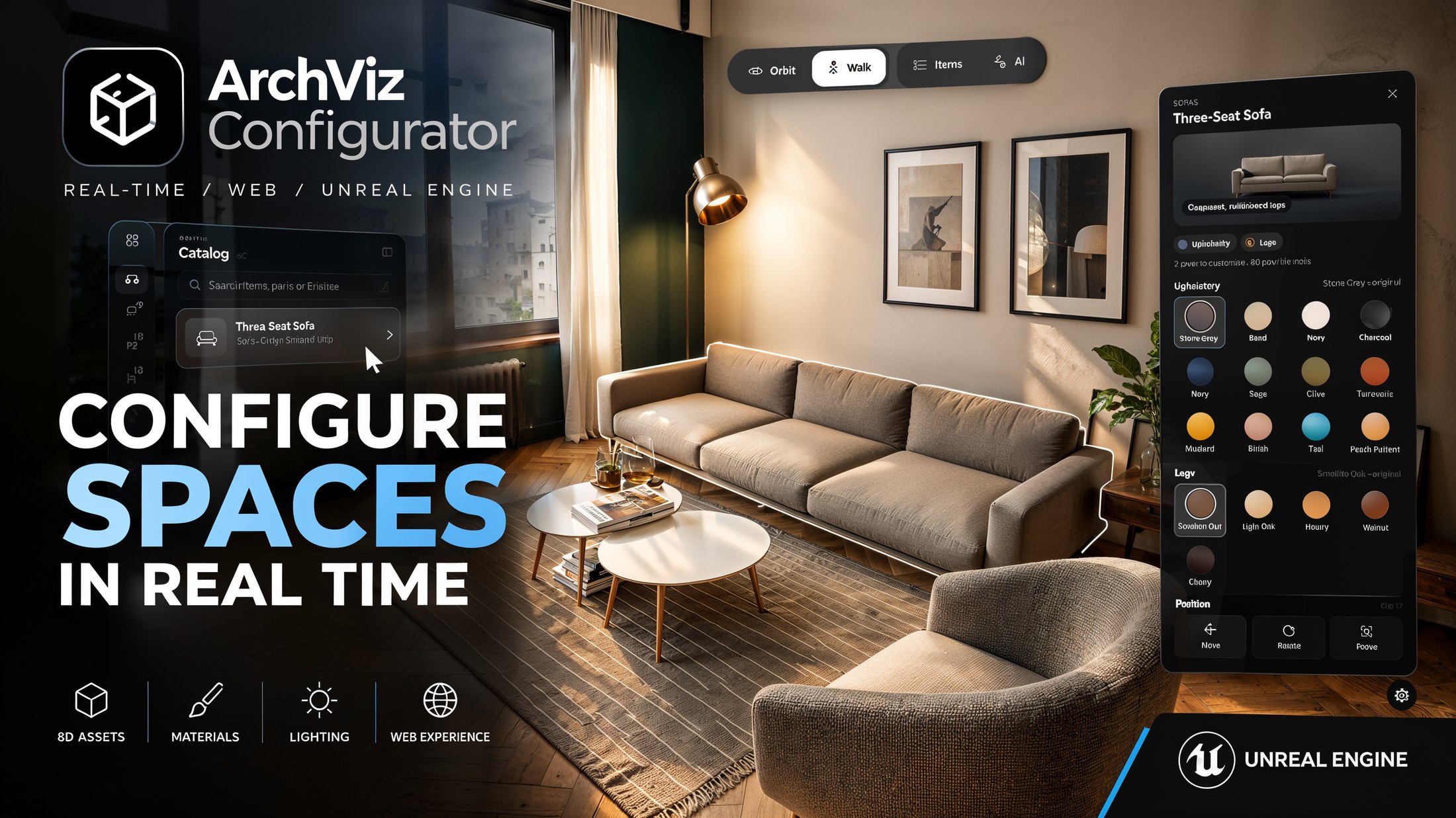 ArchViz Configurator – living room with a sofa being configured in real time