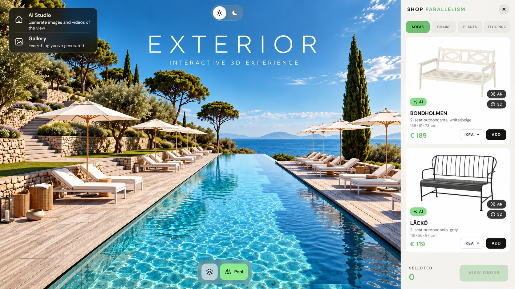 Exterior e-shop: infinity pool scene beside a product panel with AR and 3D furniture