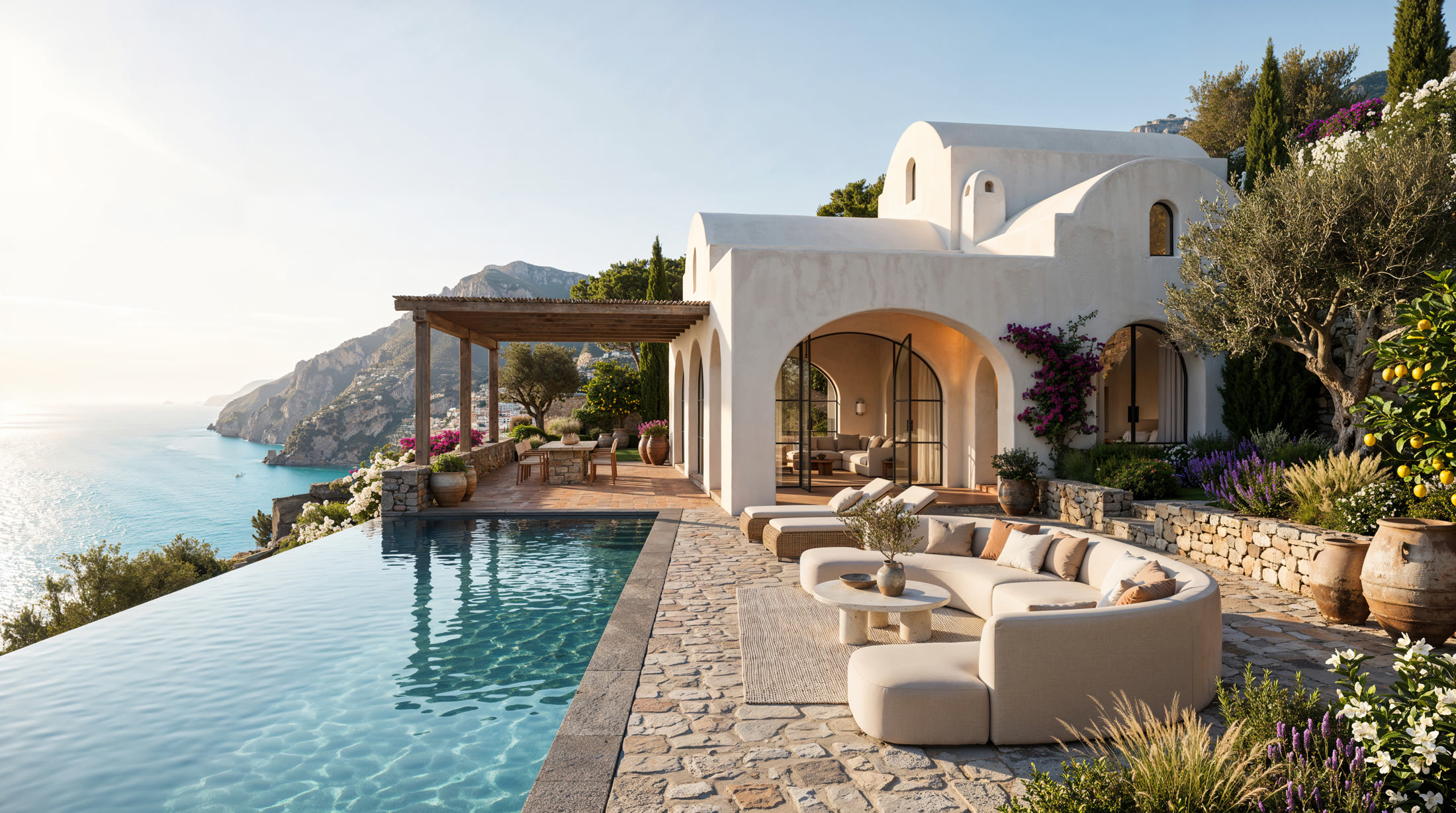 Whitewashed villa with arched loggia beside an infinity pool above the sea