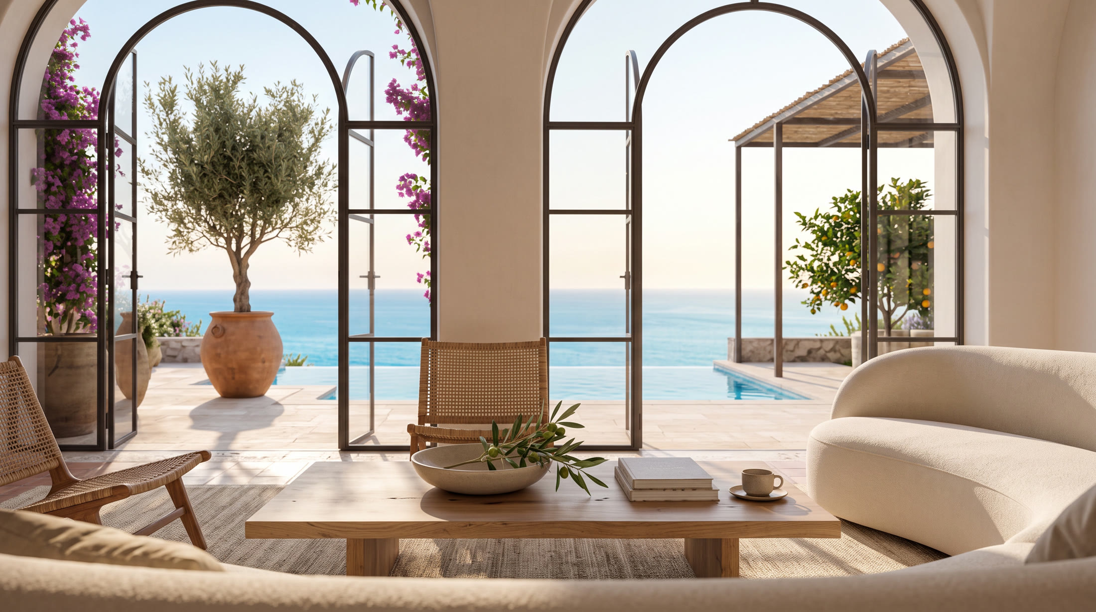 Living room opening through arches onto the pool terrace