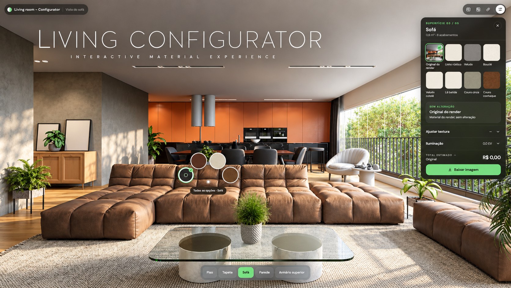 Living Configurator: sofa finish options over a photorealistic living room render