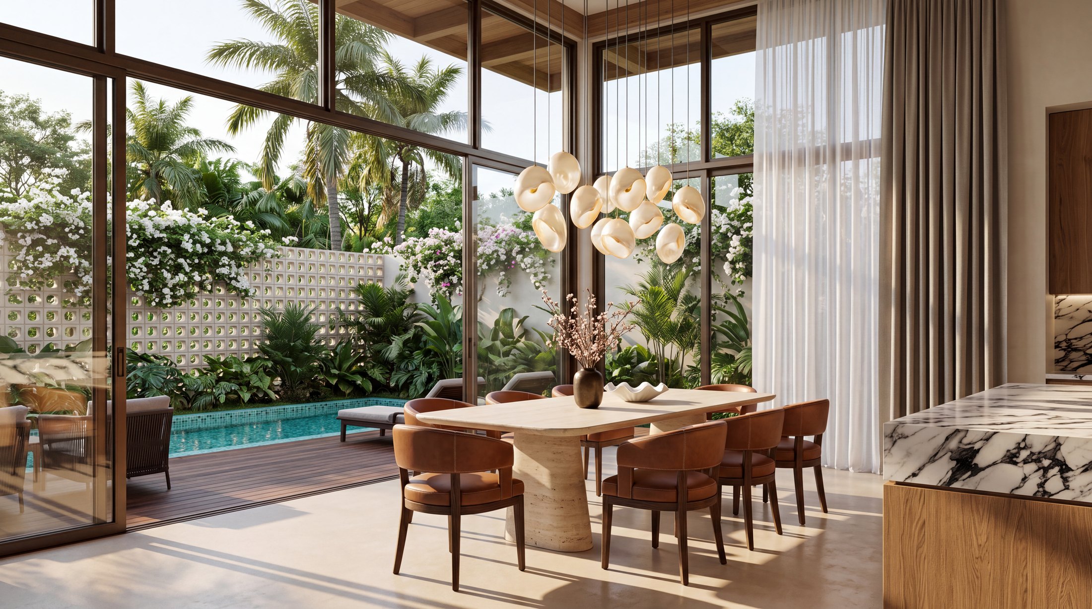 Double-height dining room opening onto a garden pool