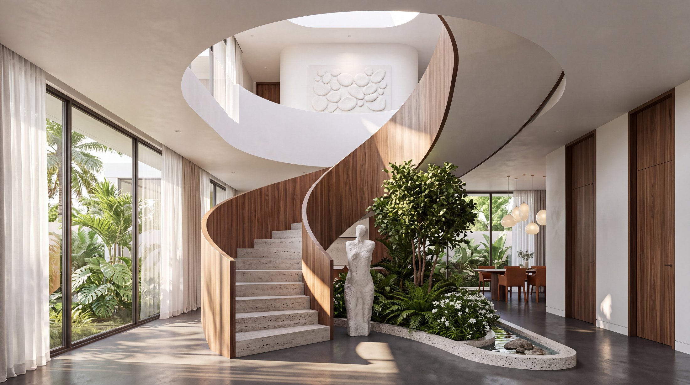 Sculptural timber spiral stair rising from an indoor garden