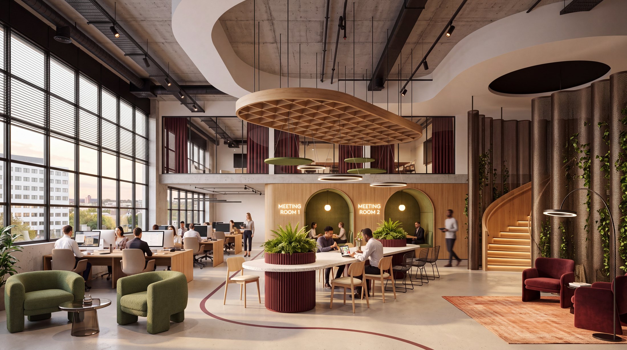 Workplace with mezzanine meeting rooms and lounge seating