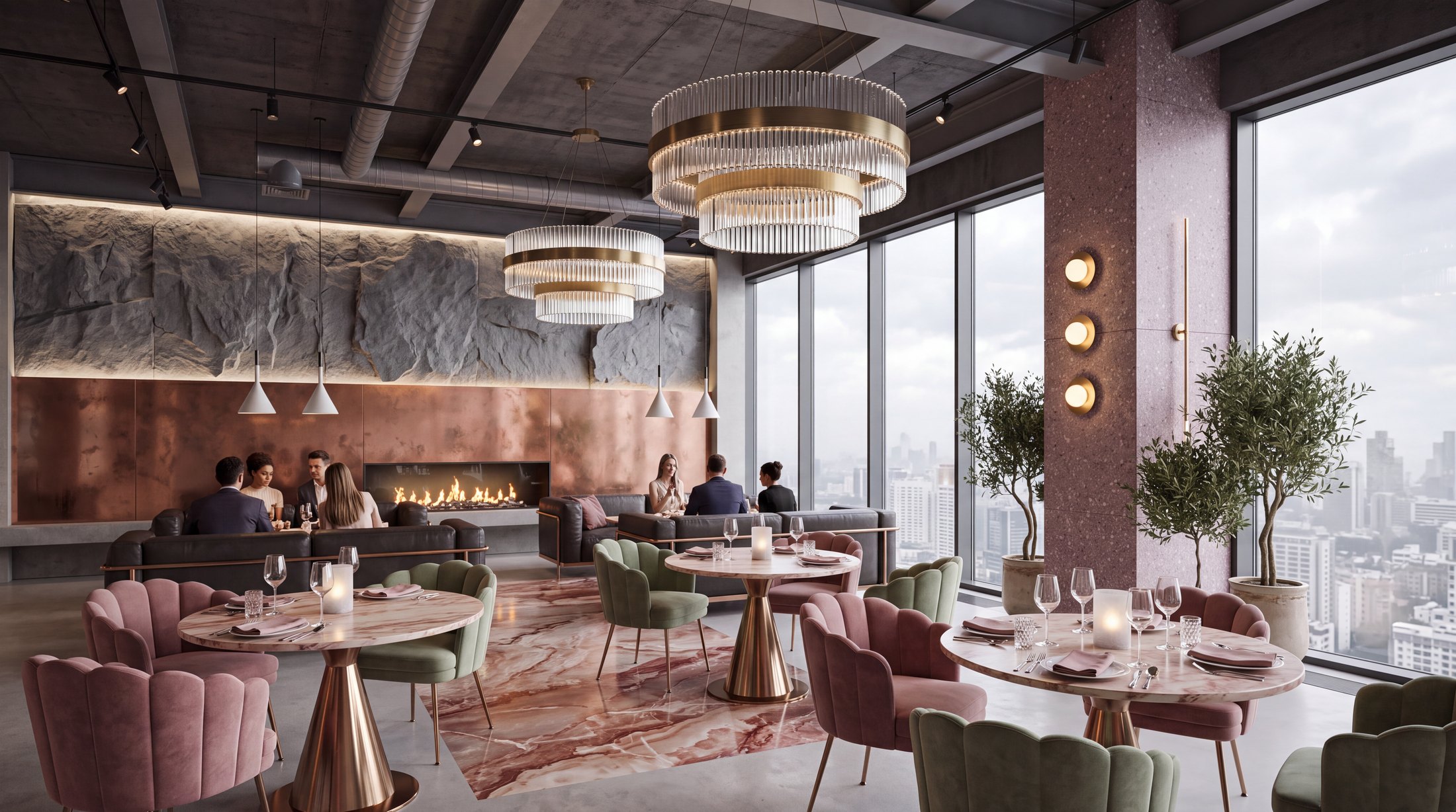 High-rise restaurant with pink marble, brass chandeliers and a fireplace by day