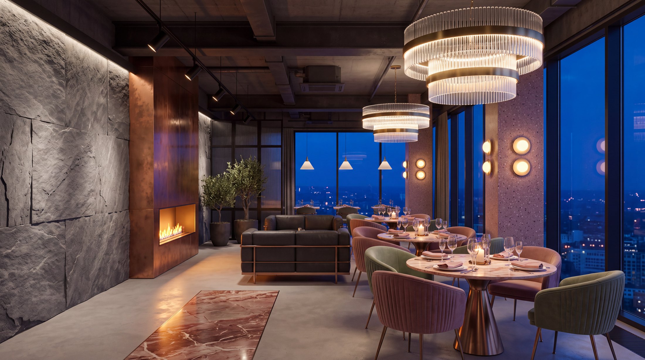 The same restaurant at night against the city skyline