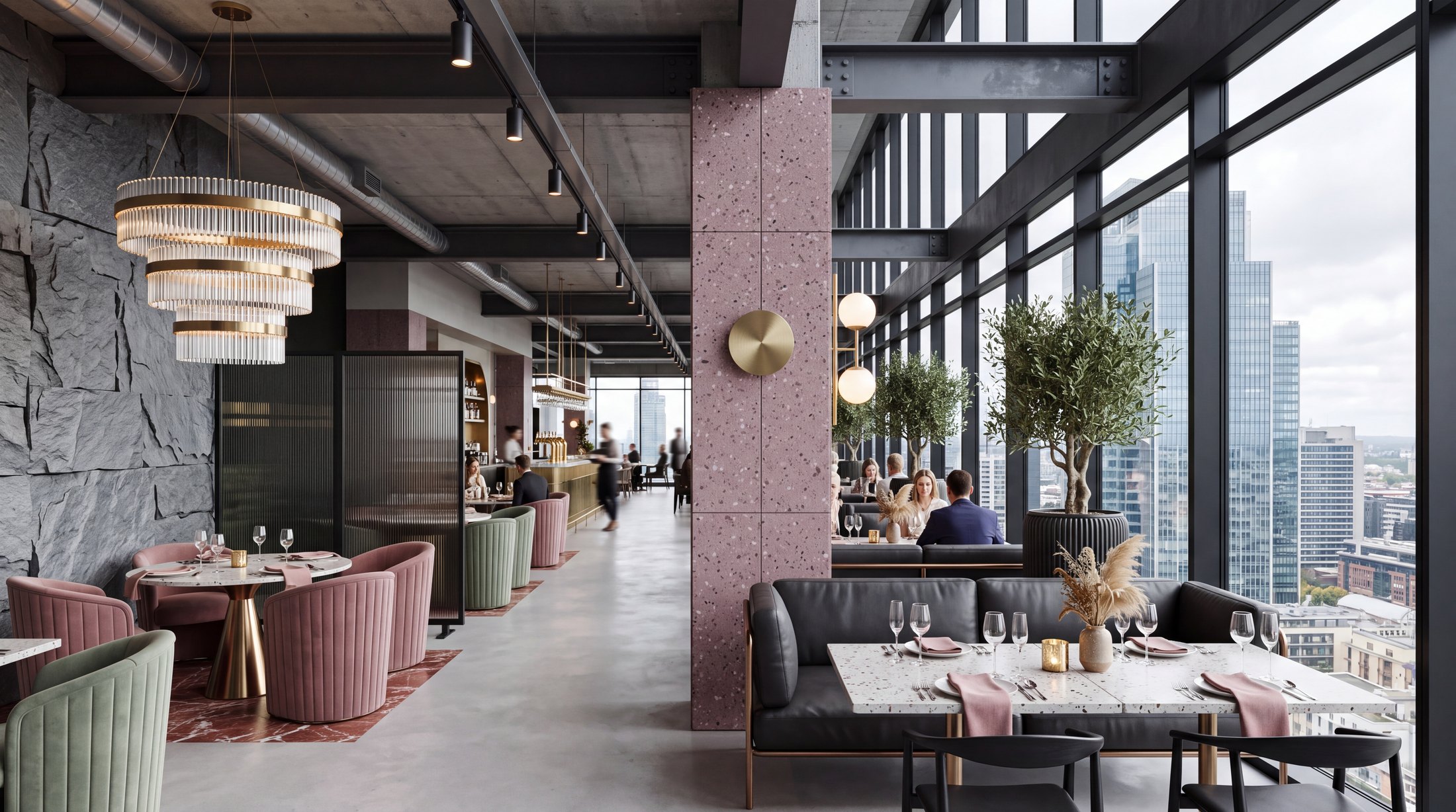 Banquettes and dining tables along the glazed façade of the restaurant