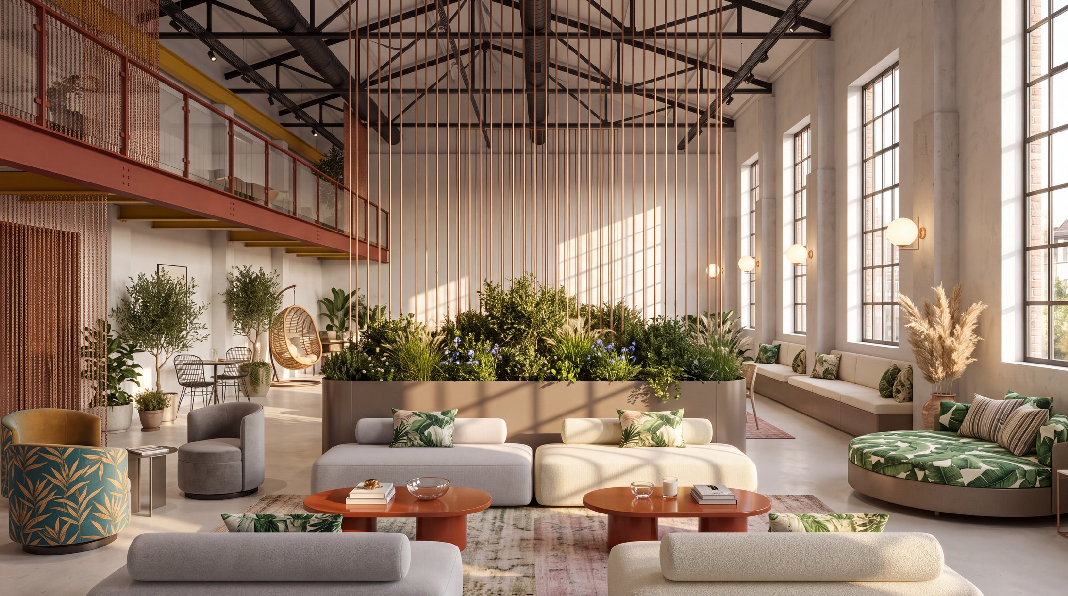 Converted industrial loft lounge with steel trusses and a planted island
