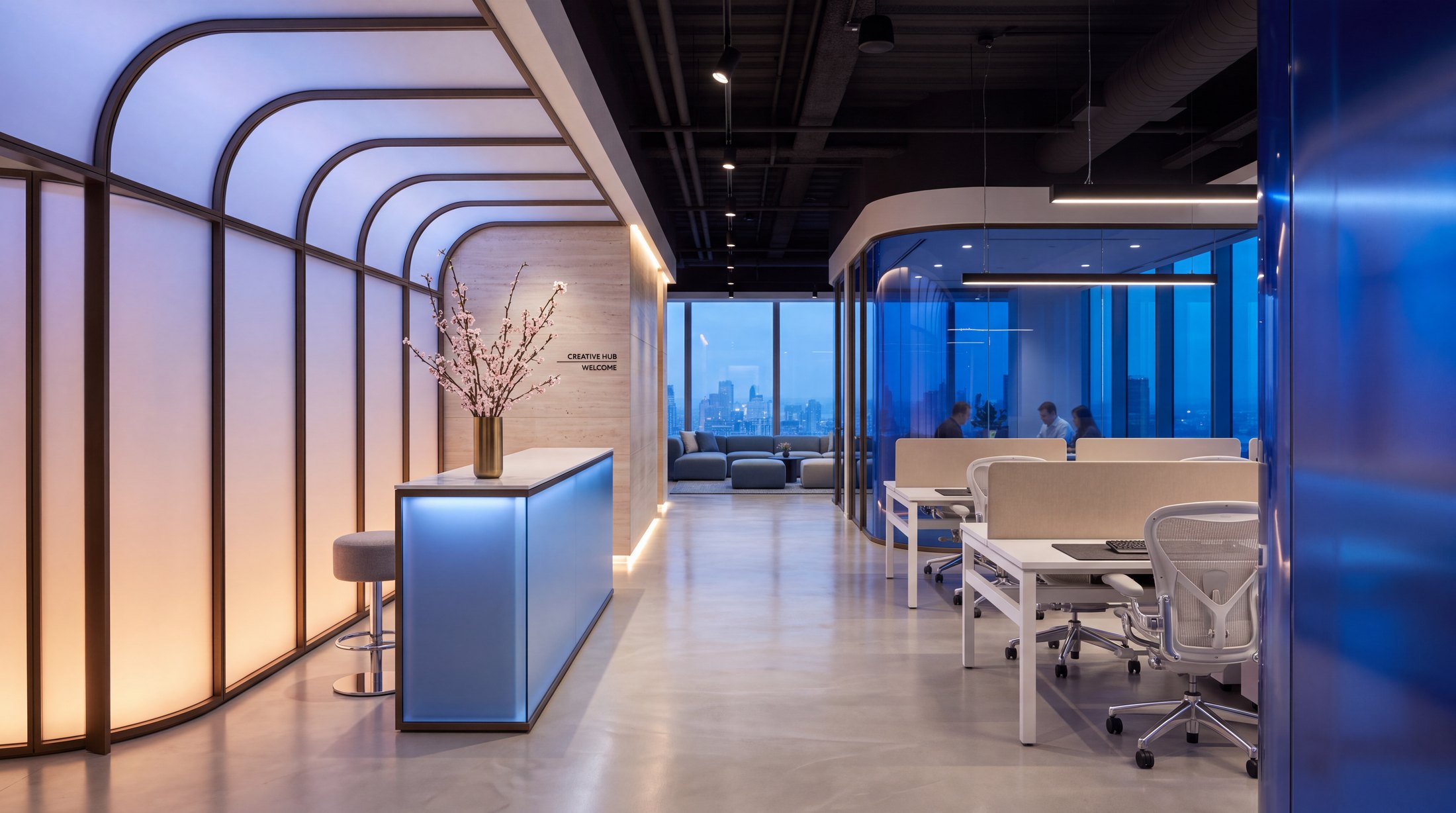 Office reception under illuminated arched glazing