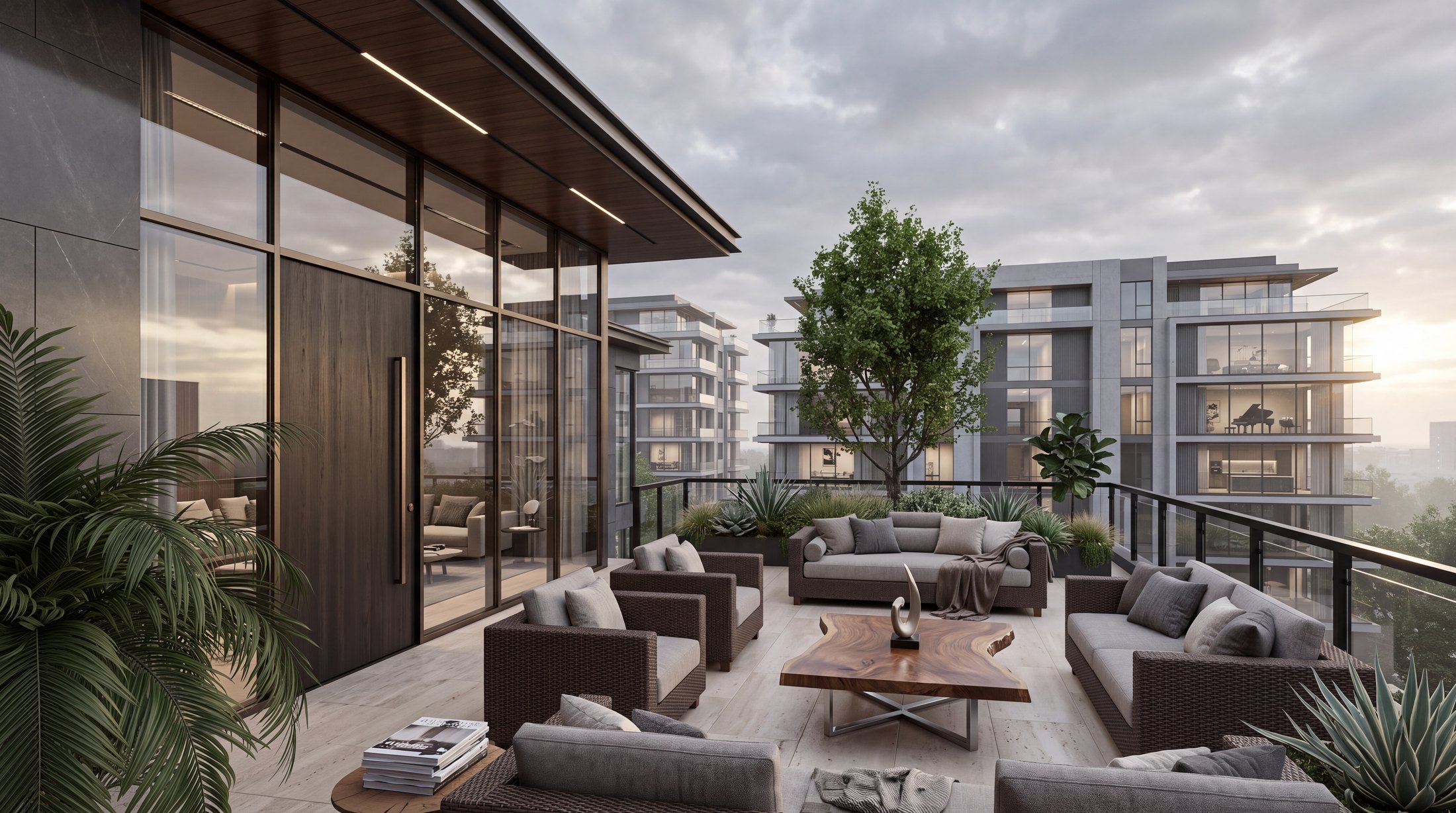 Roof terrace lounge overlooking residential blocks at dusk
