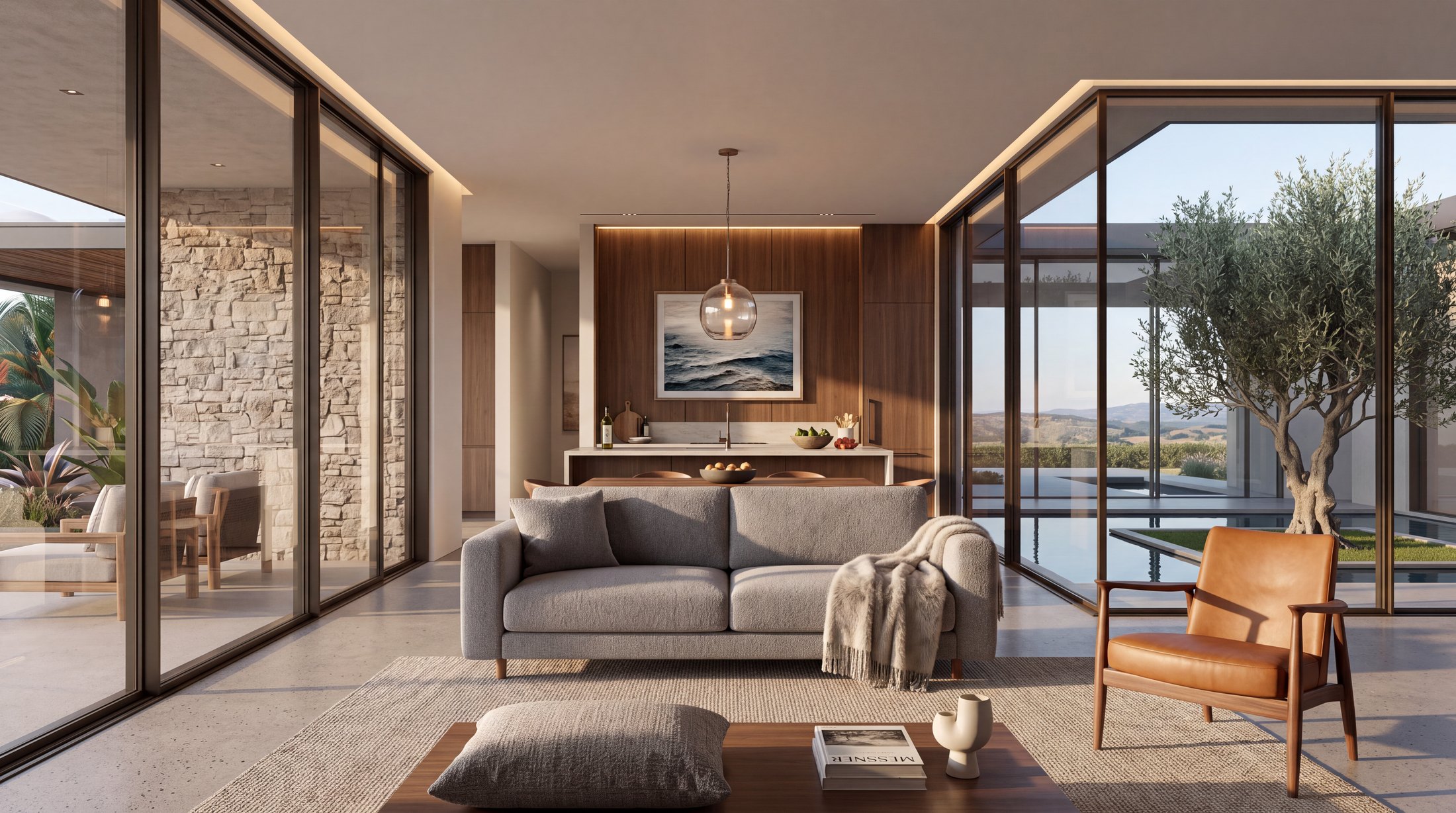 Living room with stone wall and glazing onto an olive courtyard