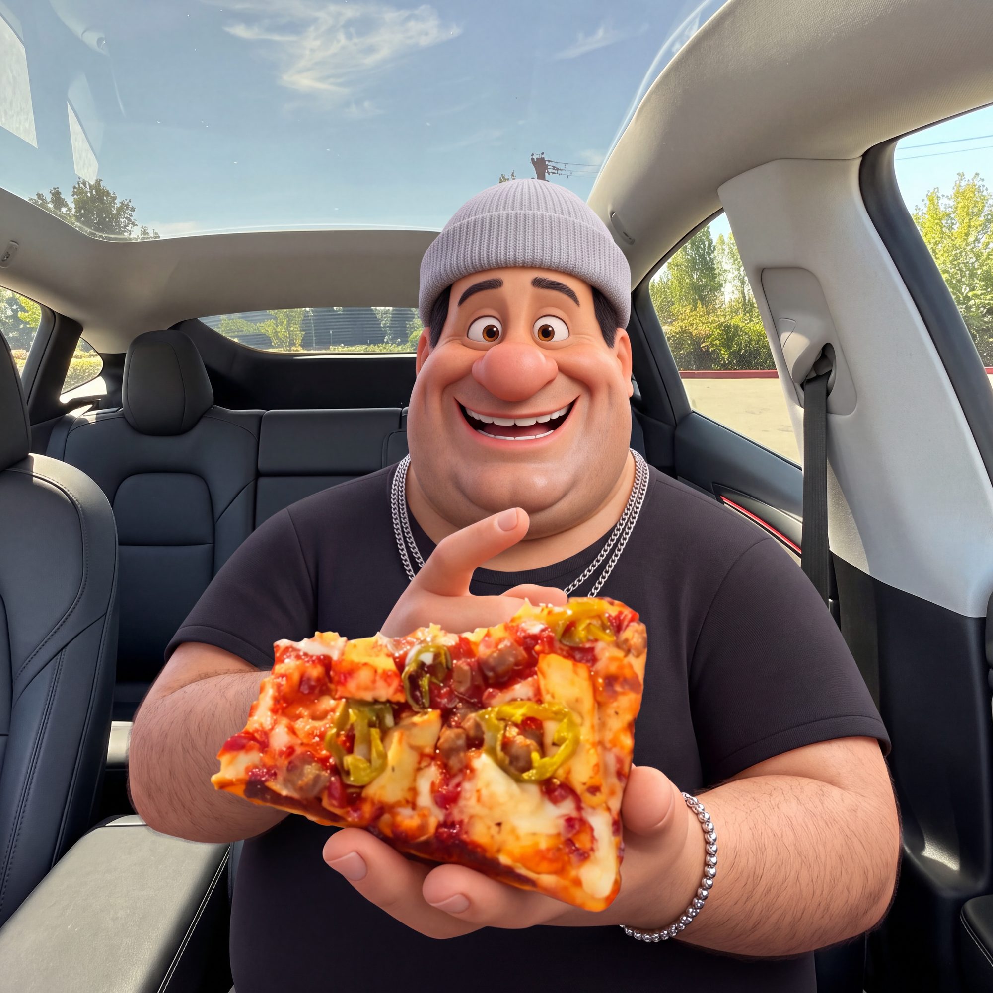 Character C with pizza in the car